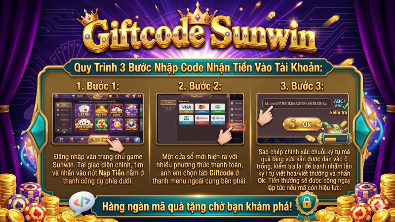 Giao diện các bước nhập mã giftcode sunwin trên ứng dụng điện thoại Giao diện các bước nhập mã giftcode sunwin trên ứng dụng điện thoại